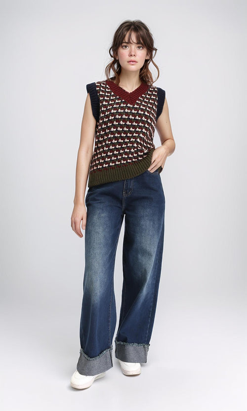 R210946 - V-Neck Slip On Colorful Knitted Vest - Burgundy & Olive