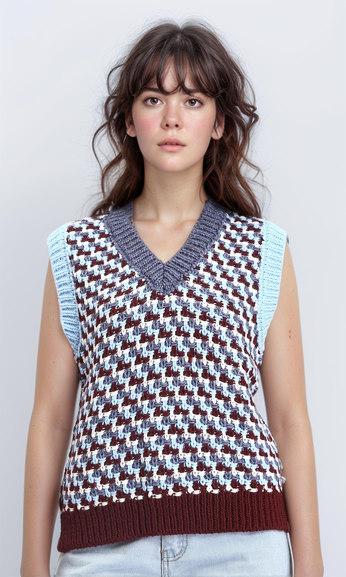 V-Neck Slip On Colorful Knitted Vest - Aqua & Burgundy