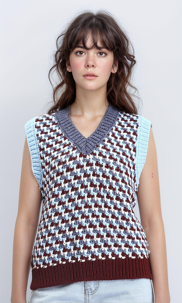 R210947 - V-Neck Slip On Colorful Knitted Vest - Aqua & Burgundy