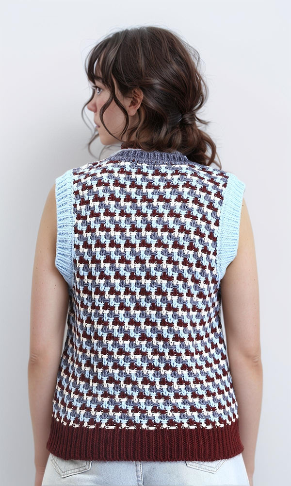 R210947 - V-Neck Slip On Colorful Knitted Vest - Aqua & Burgundy