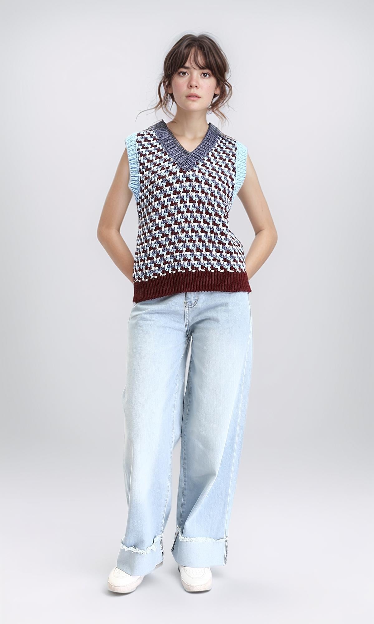 R210947 - V-Neck Slip On Colorful Knitted Vest - Aqua & Burgundy