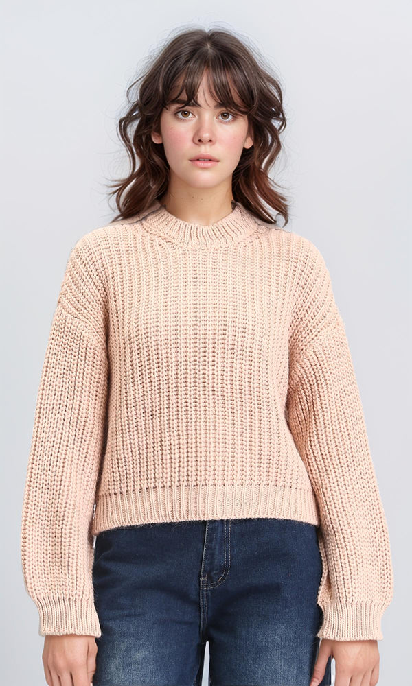 R210976 - Mock Neck Chunky Knit Pullover - Nude