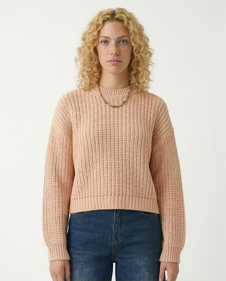 Mock Neck Chunky Knit Pullover - Nude