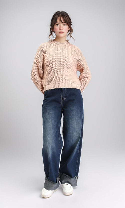 R210976 - Mock Neck Chunky Knit Pullover - Nude