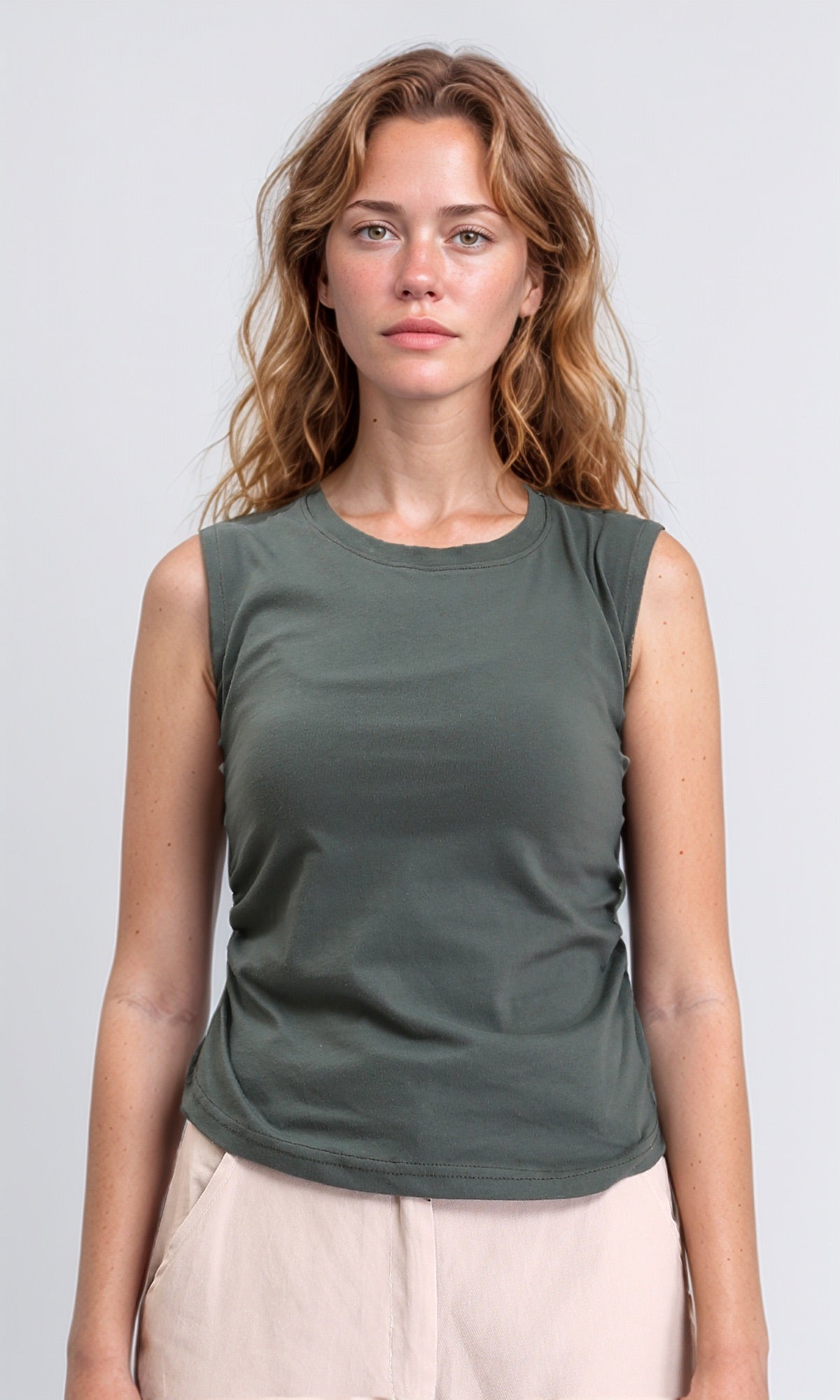 Sleeveless Solid Basic Cotton Top - Dark Khaki