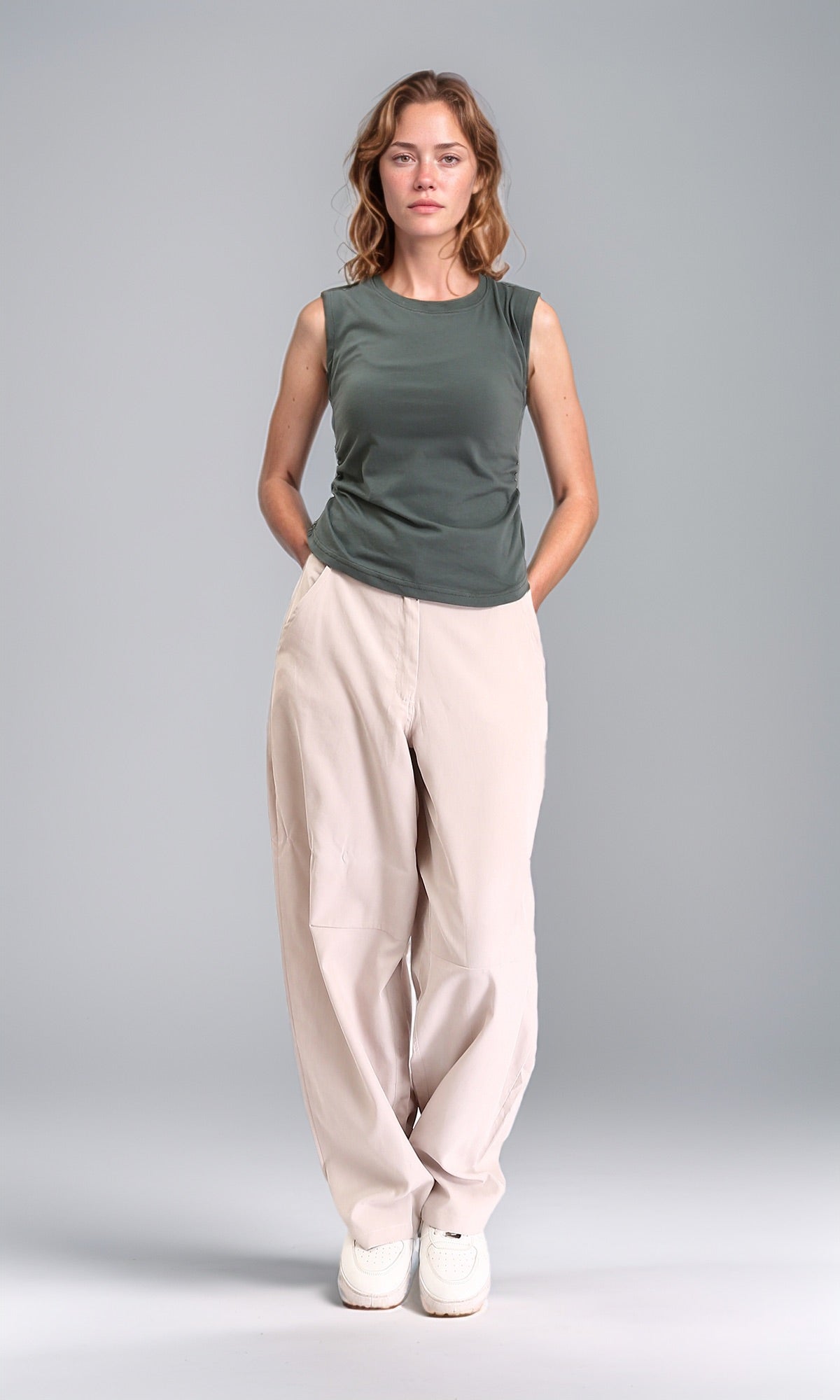 R210980 - Sleeveless Solid Basic Cotton Top - Dark Khaki
