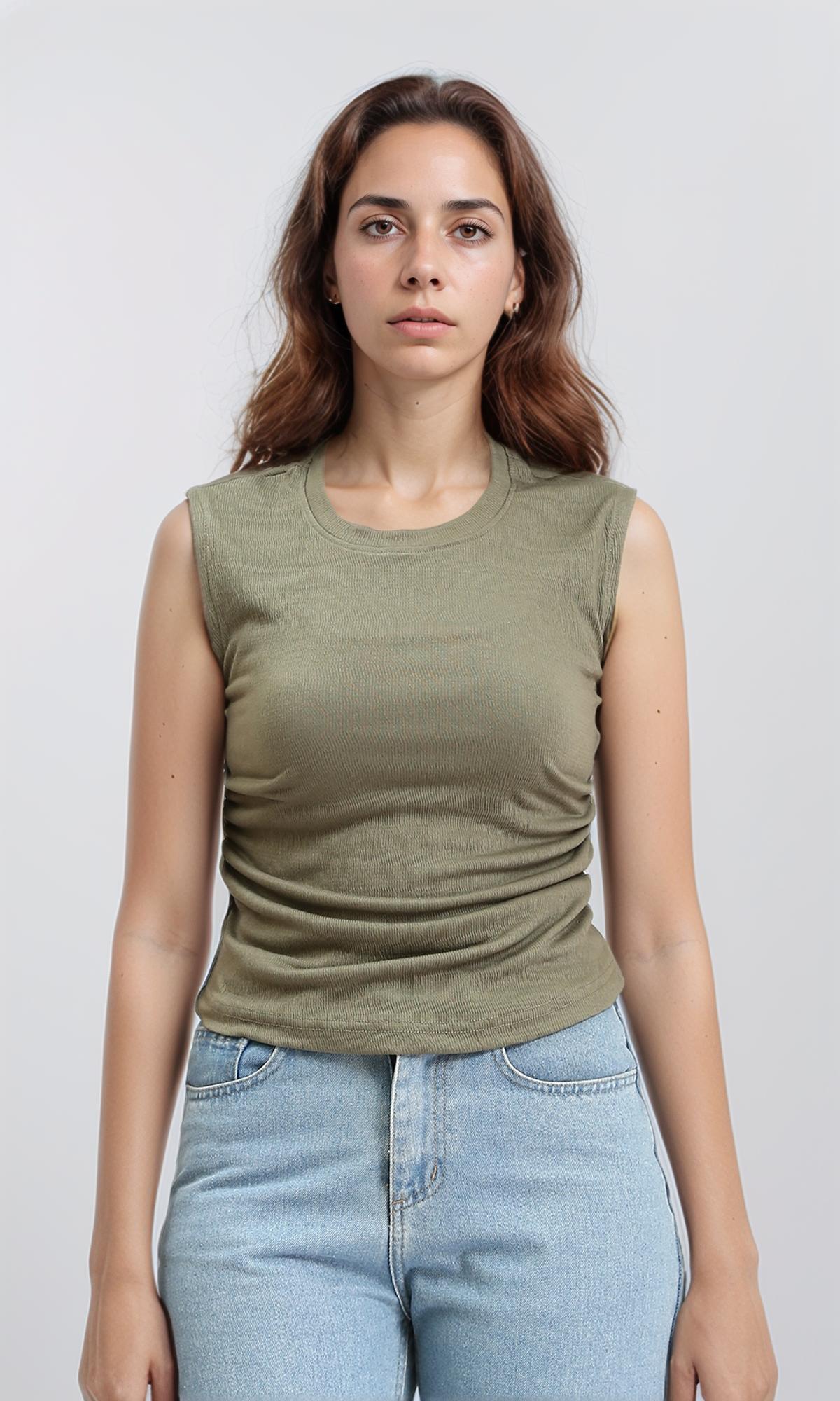 Round Neck Textured Sleeveless Top - Dark Olive