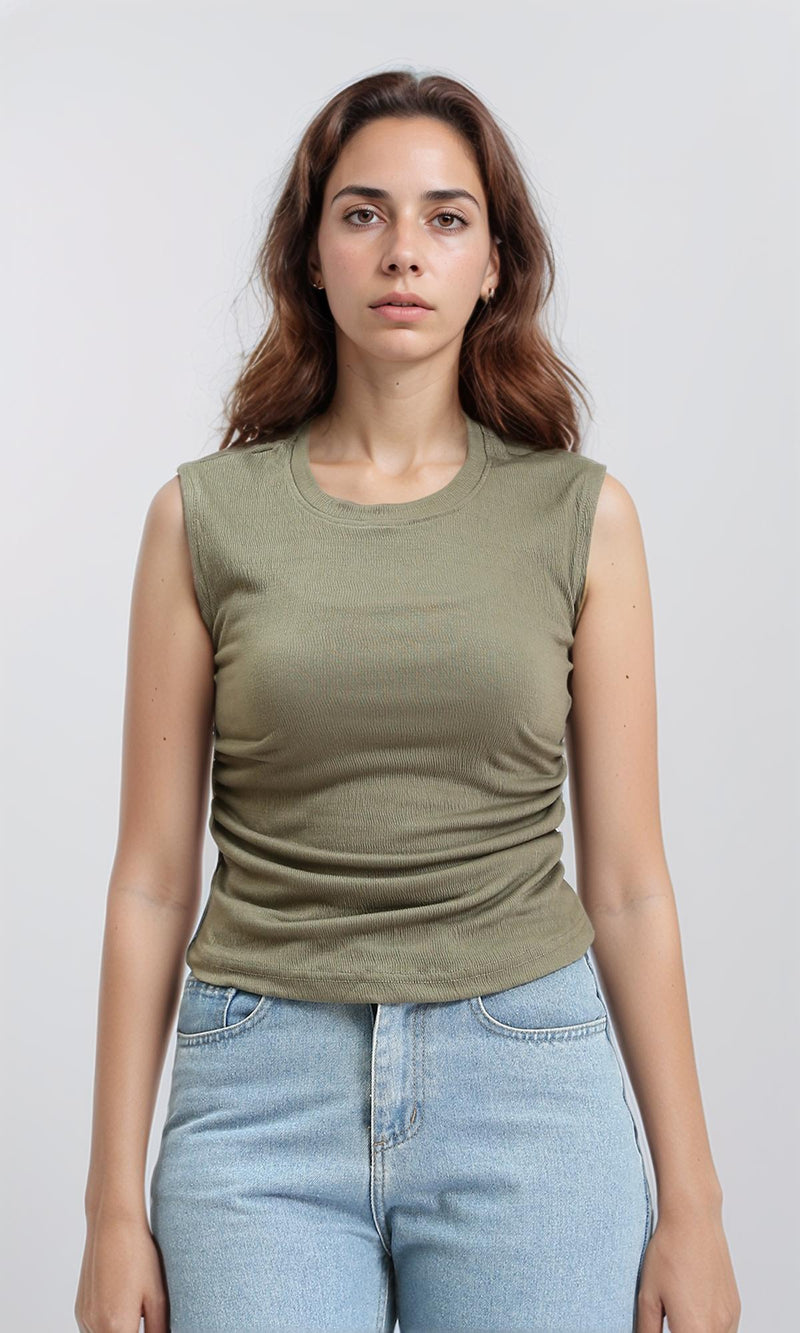 R210982 - Round Neck Textured Sleeveless Top - Dark Olive
