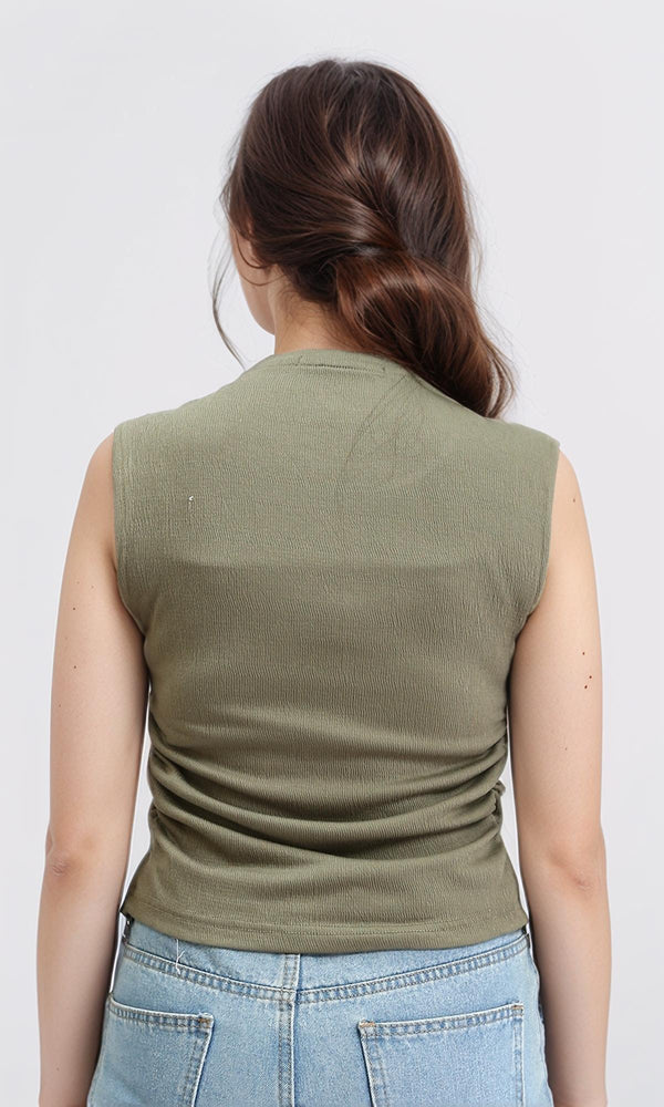R210982 - Round Neck Textured Sleeveless Top - Dark Olive
