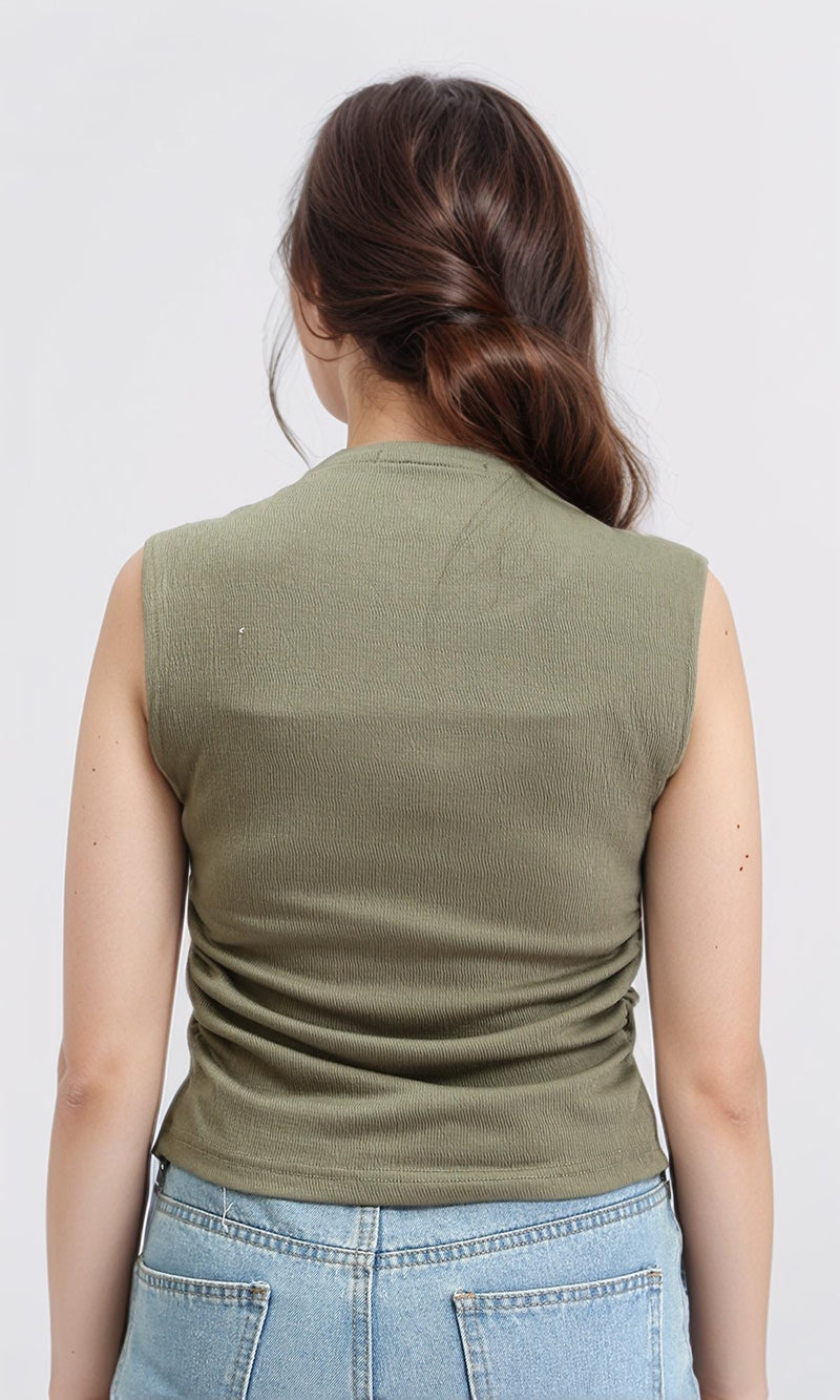 R210982 - Round Neck Textured Sleeveless Top - Dark Olive