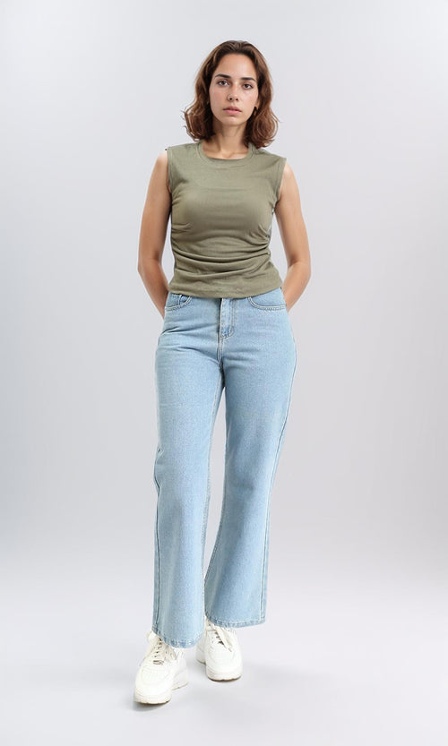 R210982 - Round Neck Textured Sleeveless Top - Dark Olive