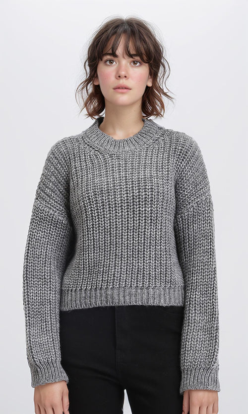R210983 - Mock Neck Chunky Knit Pullover - Dark Grey
