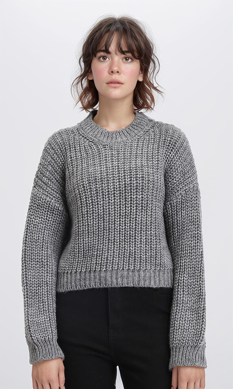 R210983 - Mock Neck Chunky Knit Pullover - Dark Grey
