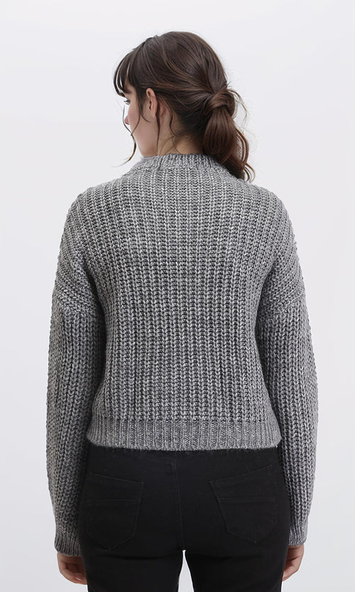 R210983 - Mock Neck Chunky Knit Pullover - Dark Grey