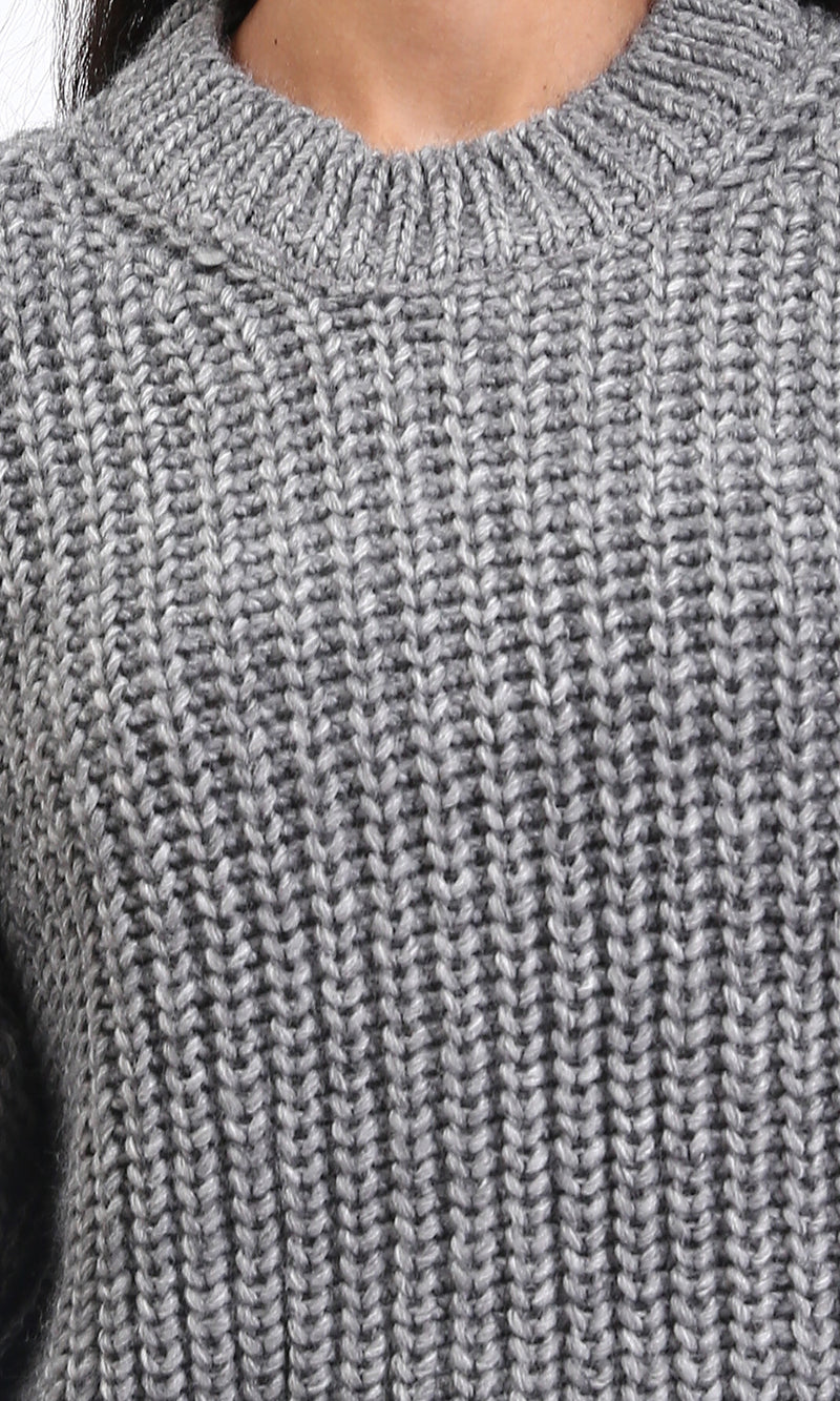 R210983 - Mock Neck Chunky Knit Pullover - Dark Grey