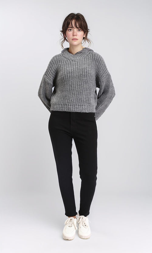 R210983 - Mock Neck Chunky Knit Pullover - Dark Grey