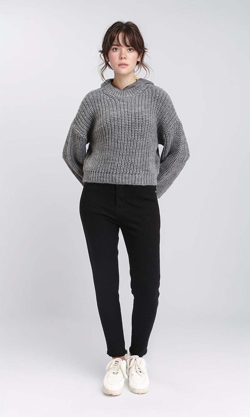 R210983 - Mock Neck Chunky Knit Pullover - Dark Grey