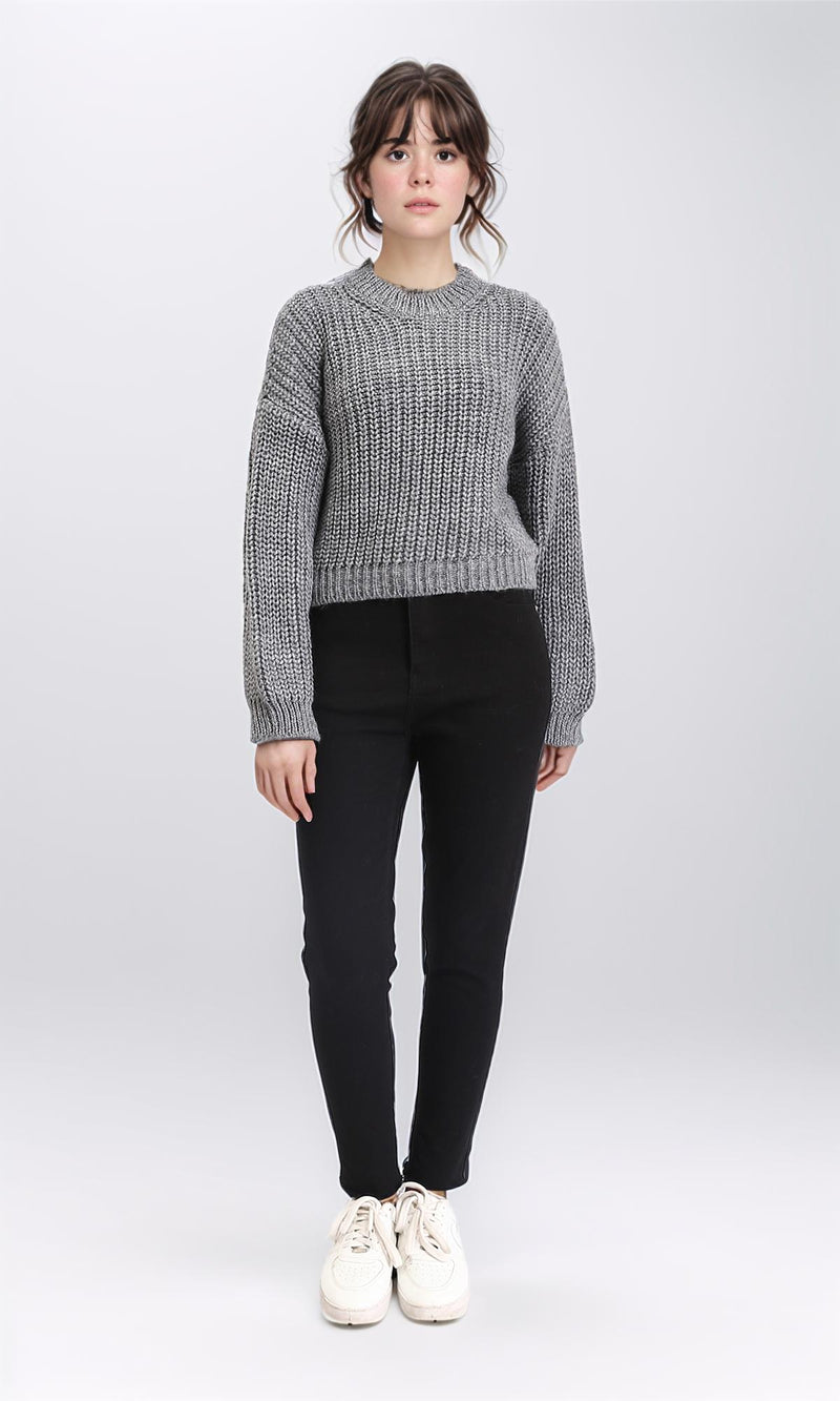 R210983 - Mock Neck Chunky Knit Pullover - Dark Grey