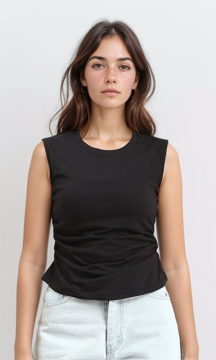 Round Neck Solid Sleeveless Top - Black
