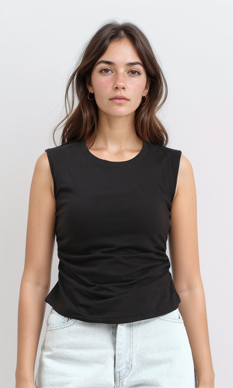 R210994 - Round Neck Solid Sleeveless Top - Black