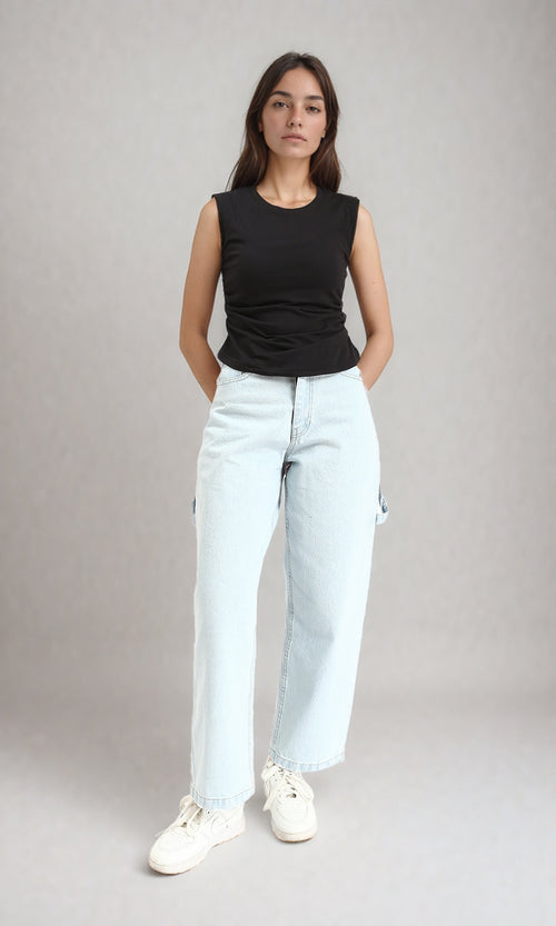 R210994 - Round Neck Solid Sleeveless Top - Black