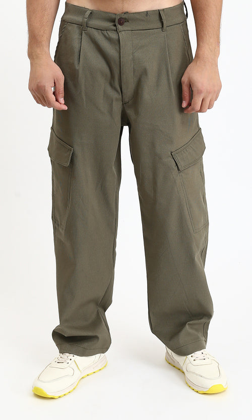 R211024 - Solid Wide Cargo Pants - Dark Olive