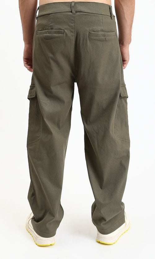 R211024 - Solid Wide Cargo Pants - Dark Olive