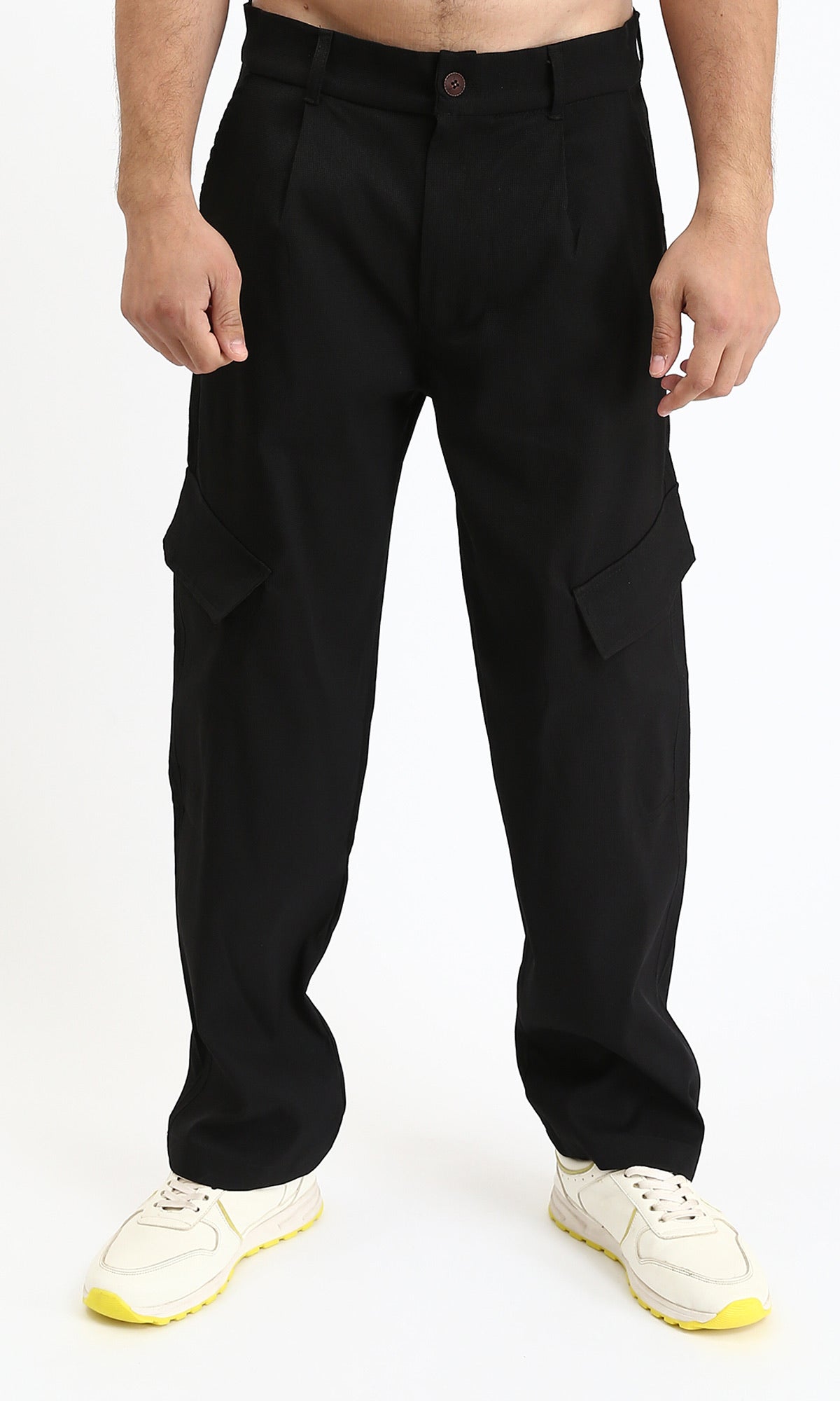 Solid Wide Cargo Pants - Black