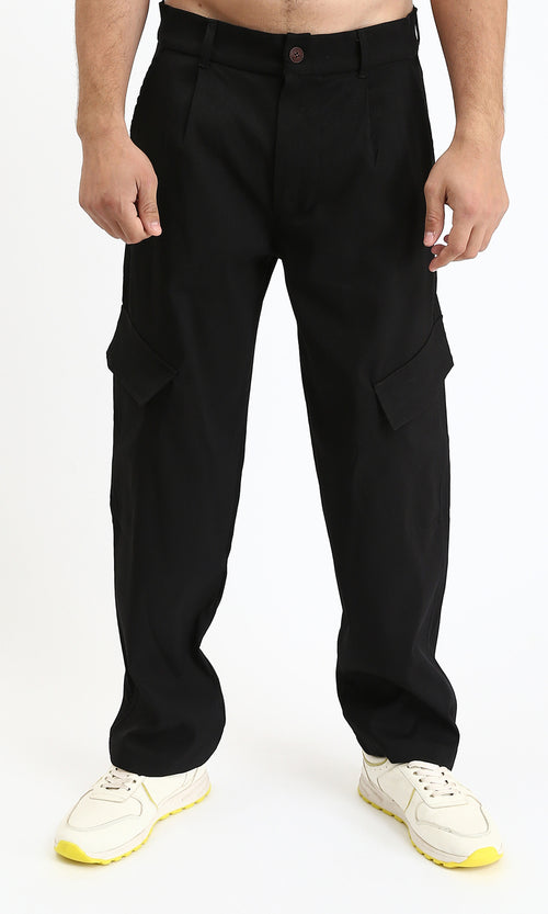 R211026 - Solid Wide Cargo Pants - Black