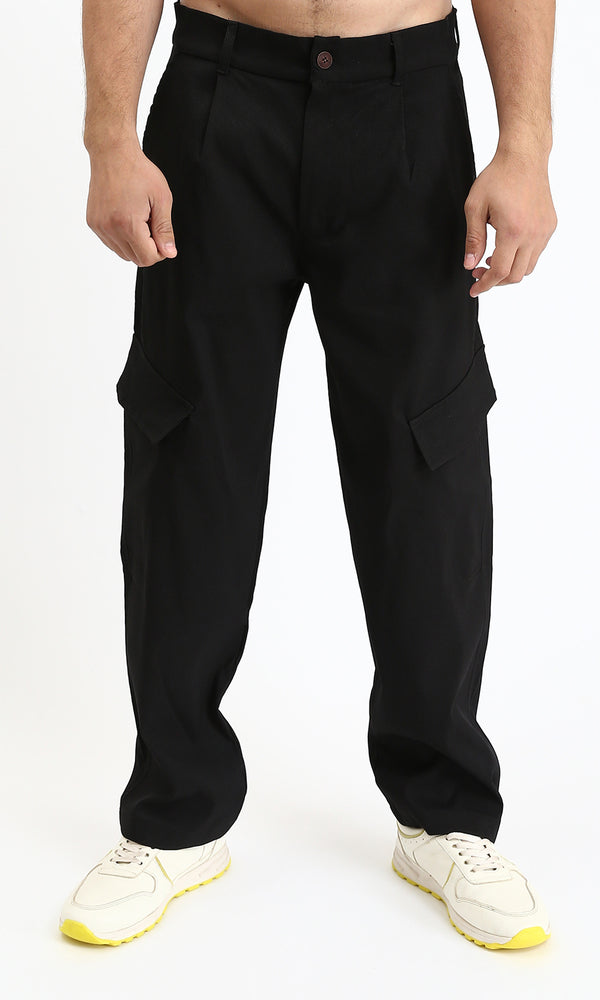 R211026 - Solid Wide Cargo Pants - Black