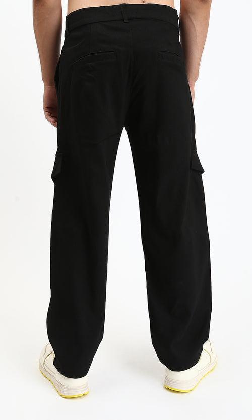 R211026 - Solid Wide Cargo Pants - Black