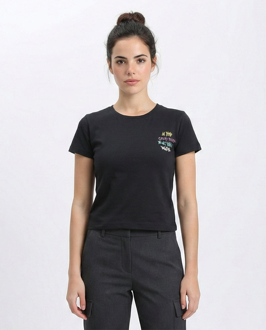 Slip On Printed Regular Tee - Black