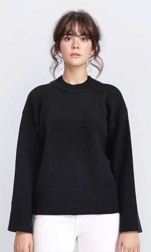 Long Sleeves Solid Basic Pullover - Black