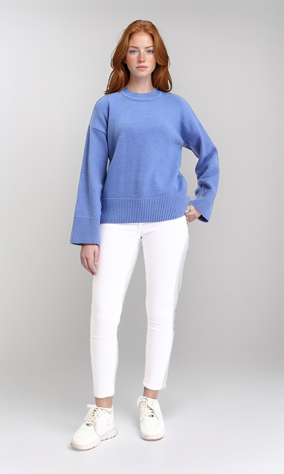 R211036 - Long Sleeves Solid Basic Pullover - Dusty Blue