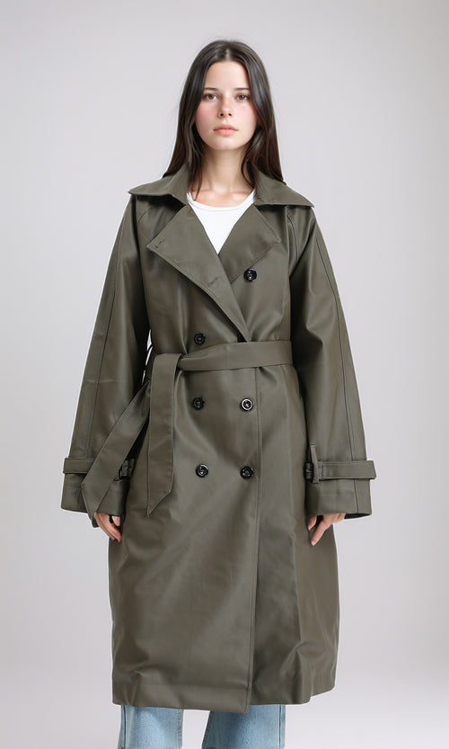 R211070 - Buttoned Long Sleeves Coat with Belt - Army Green