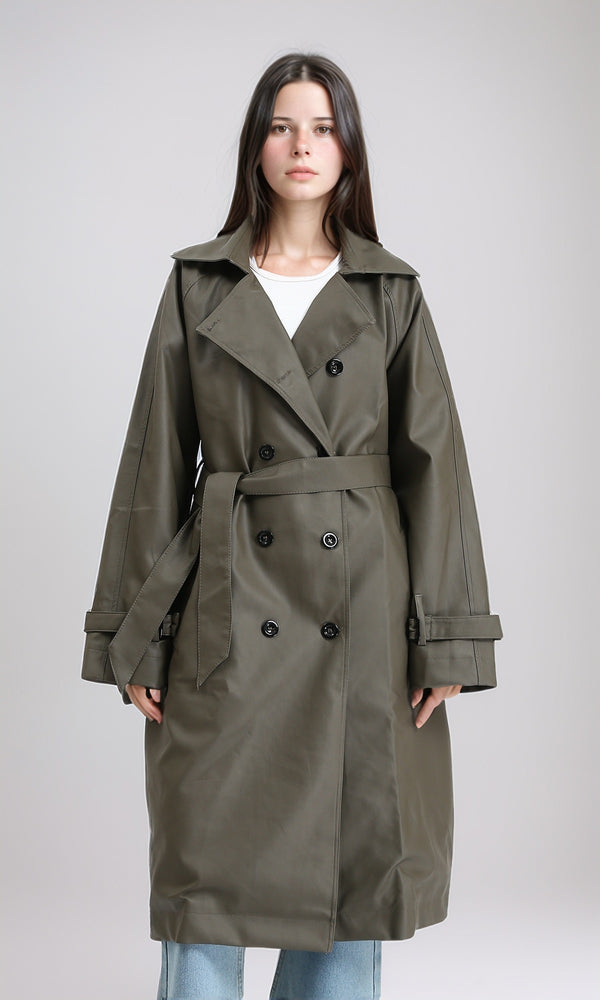 R211070 - Buttoned Long Sleeves Coat with Belt - Army Green
