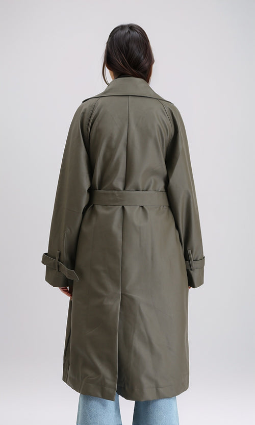 R211070 - Buttoned Long Sleeves Coat with Belt - Army Green