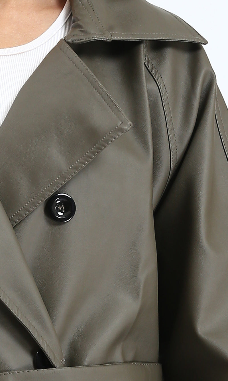 R211070 - Buttoned Long Sleeves Coat with Belt - Army Green