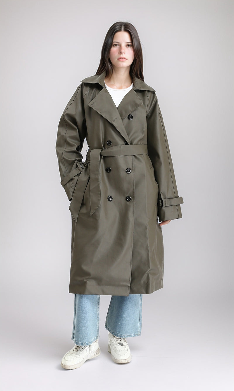 R211070 - Buttoned Long Sleeves Coat with Belt - Army Green
