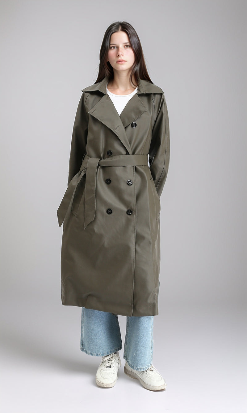 R211070 - Buttoned Long Sleeves Coat with Belt - Army Green