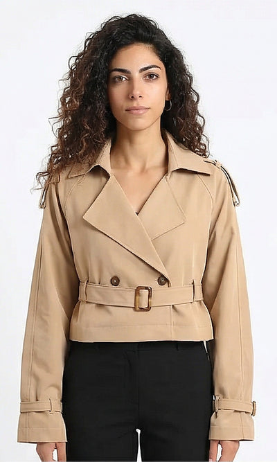Cropped Trench Jacket with Waist Belt - Coffee