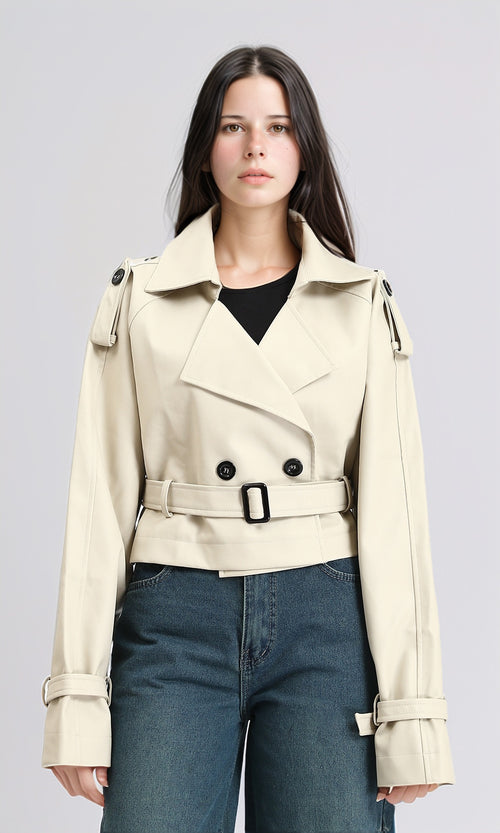 R211074 - Solid Buttoned Short Leather Jacket - Beige