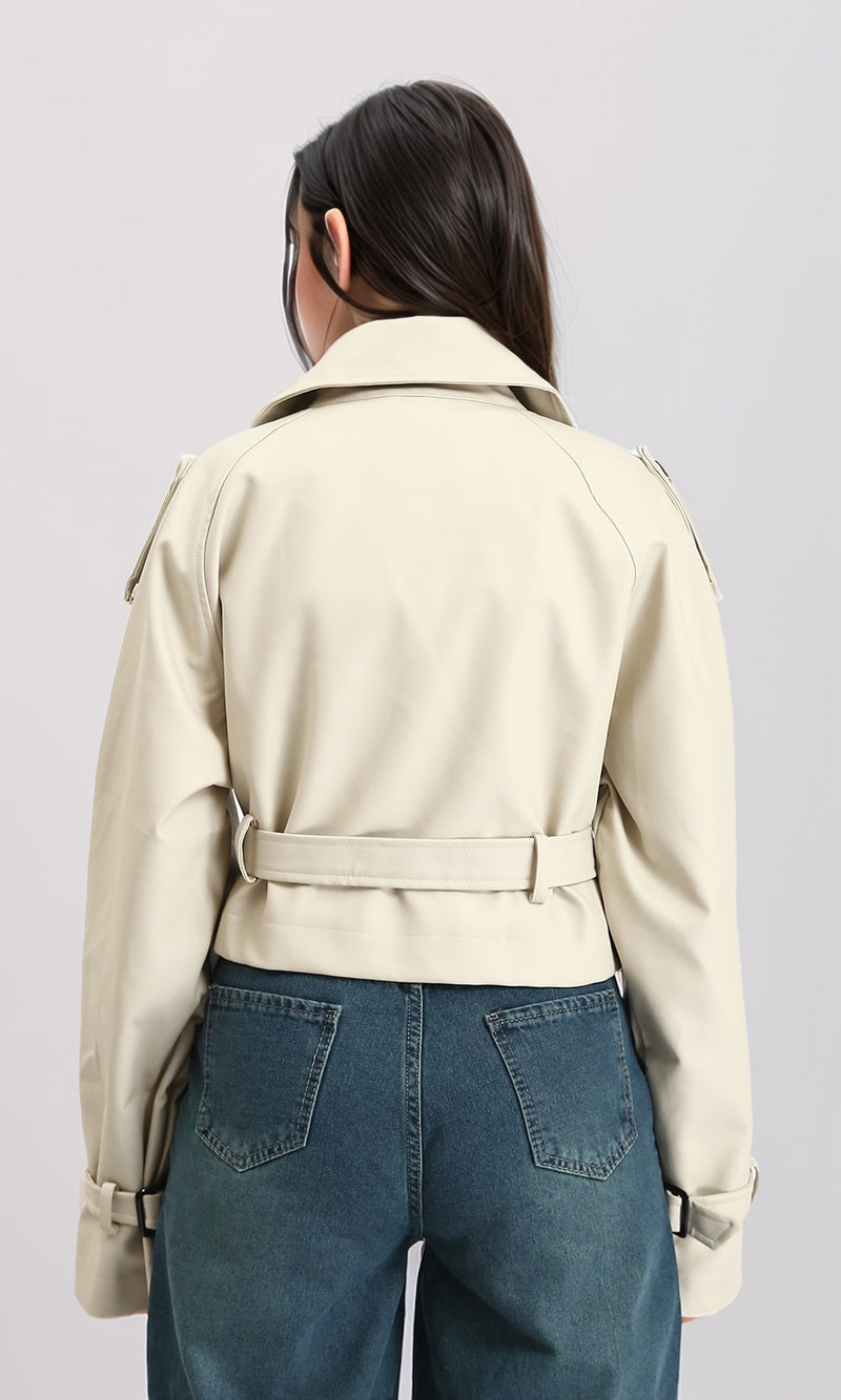 R211074 - Solid Buttoned Short Leather Jacket - Beige