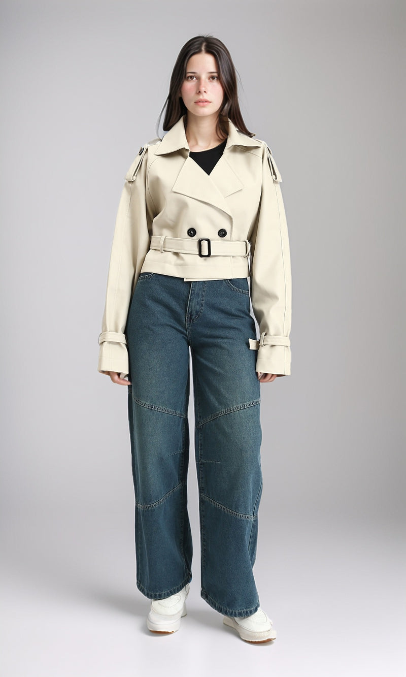 R211074 - Solid Buttoned Short Leather Jacket - Beige