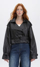 R211075 - Solid Short Leather Jacket with Belt - Black