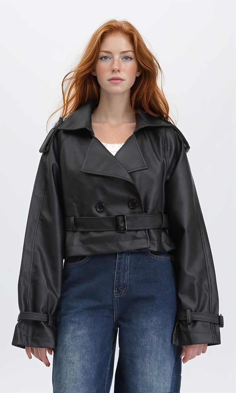 R211075 - Solid Short Leather Jacket with Belt - Black