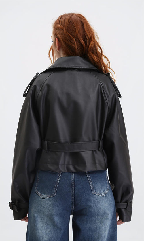 R211075 - Solid Short Leather Jacket with Belt - Black