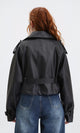 R211075 - Solid Short Leather Jacket with Belt - Black