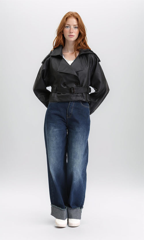 R211075 - Solid Short Leather Jacket with Belt - Black