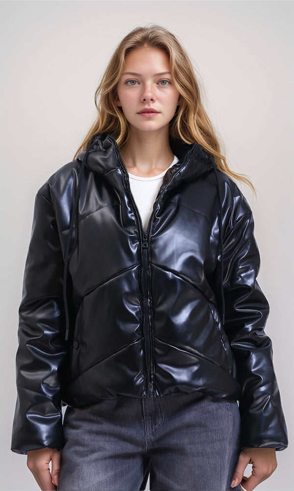 R211076 - Hooded Neck Shiny Bomber Jacket - Black